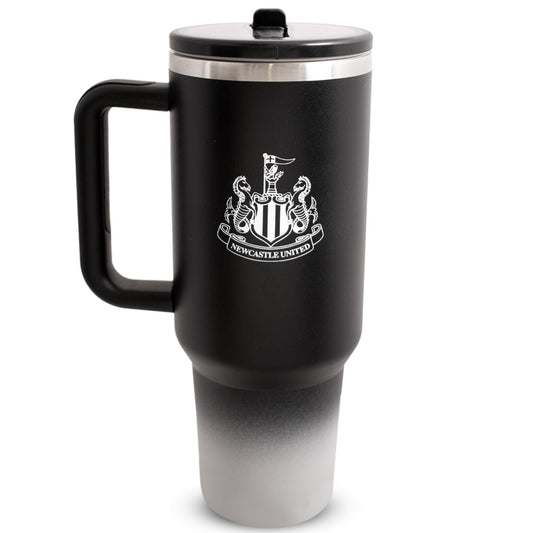 Black travel mug with Newcastle United logo on a white background