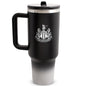 Black travel mug with Newcastle United logo on a white background