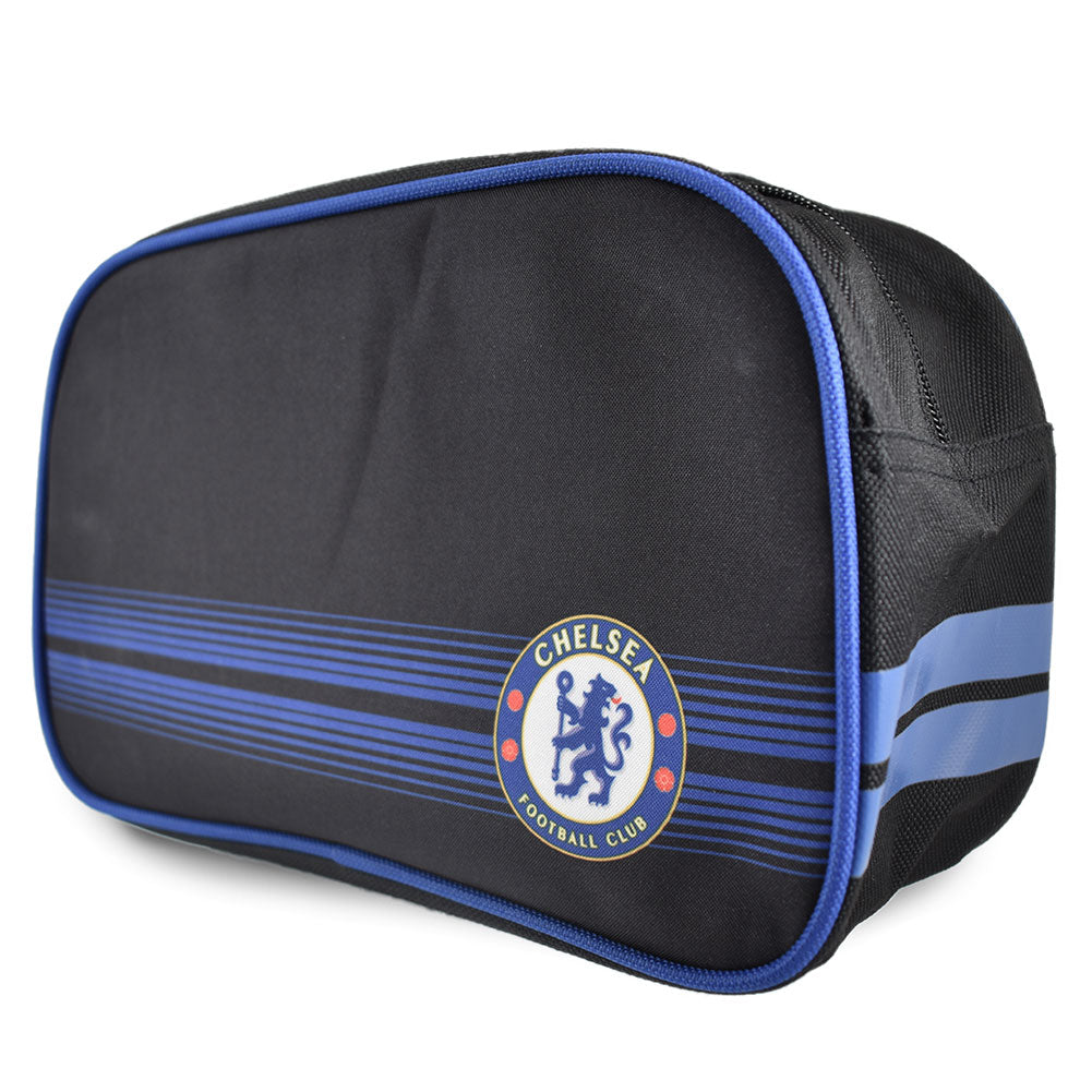 Blue toiletry bag with Chelsea Football Club logo on a white background