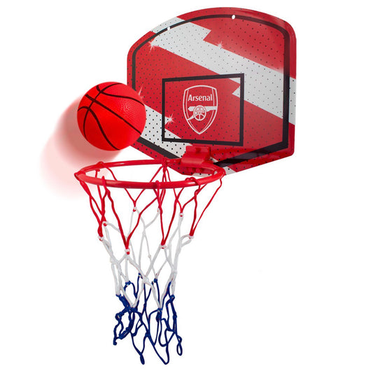 An Arsenal-branded mini basketball hoop set featuring a red and white backboard, a red rim with white and blue netting, and a red basketball, shown on a plain white background.