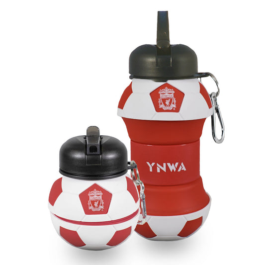 Red and white soccer ball-shaped water bottles with black lid, featuring the Liverpool club crest and the text 'YNWA', shown on a white background.