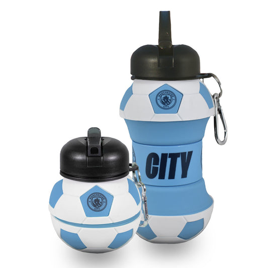 Manchester City collapsible water bottle with a blue and white ball pattern, black lids, and carabiners. The larger bottle has 'CITY' printed on it, and both feature a circular club crest.