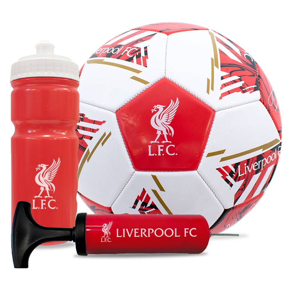 Liverpool FC soccer ball with water bottle and pump on a white background