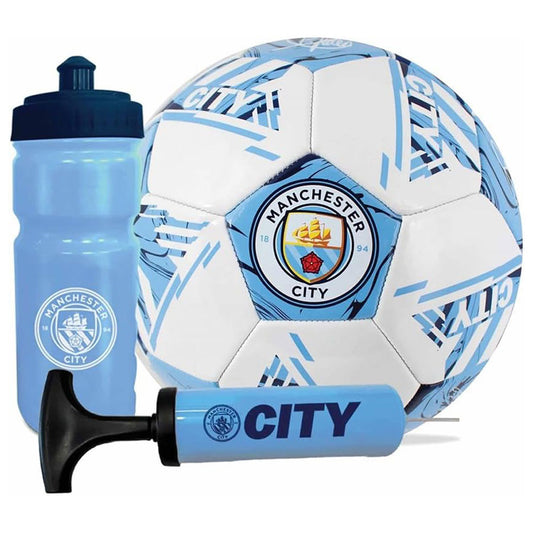 Manchester City soccer ball set including a white and light blue patterned soccer ball with the Manchester City crest, a light blue water bottle with a dark blue cap, and a light blue hand pump with a black nozzle.