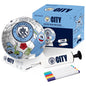 Manchester City-themed mini football set with ball, pump, and markers on a white background