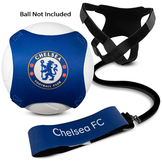 Chelsea FC branded ball training accessory set featuring a blue and white soccer ball cover with the club crest, a black ankle strap, and a blue elastic band printed with Chelsea FC, on a white background with text 'Ball Not Included'.