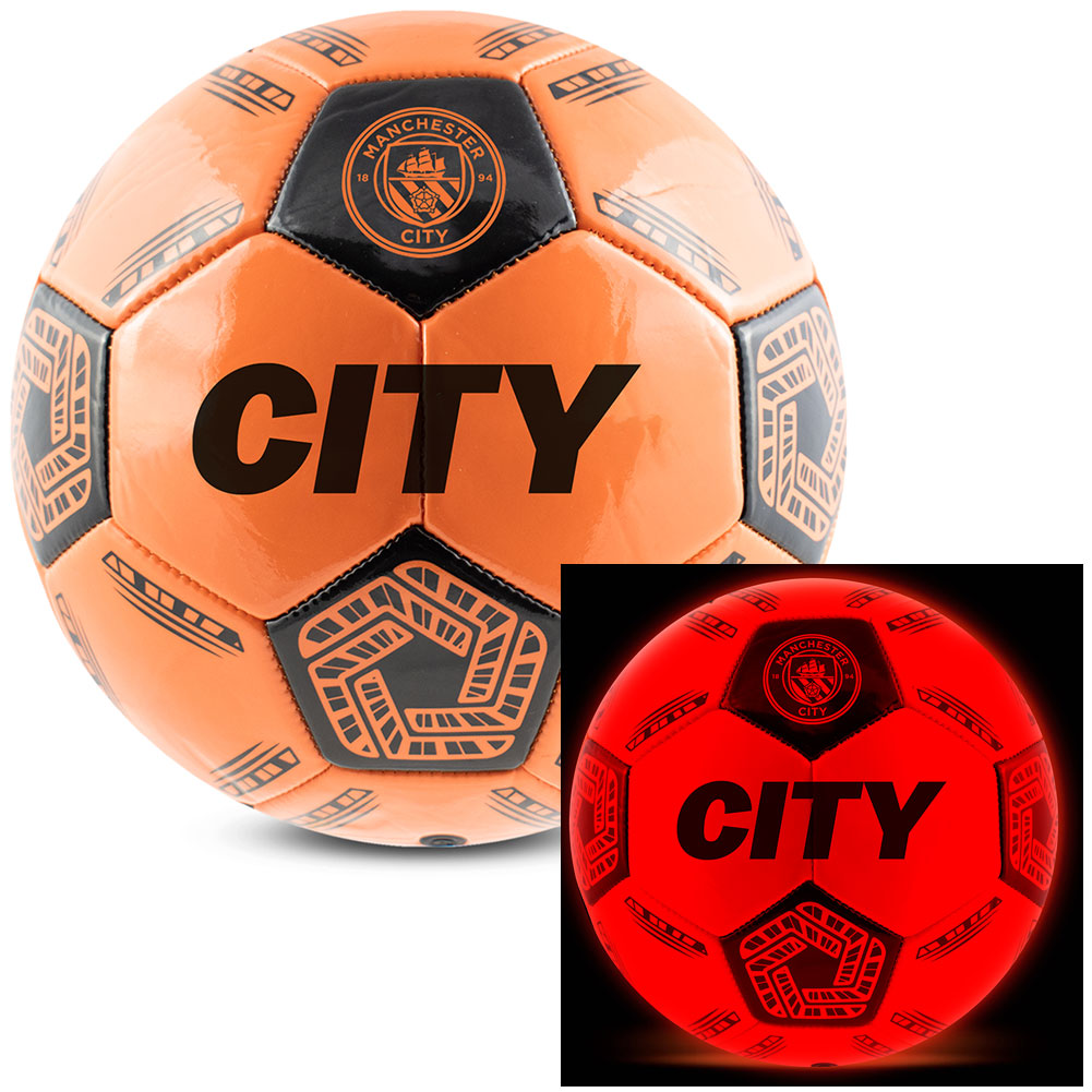 Orange soccer ball with 'CITY' text and logo, including a close-up of the ball glowing red.