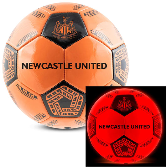An orange soccer ball with black panels and Newcastle United branding, shown alongside an inset image demonstrating its red glow-in-the-dark feature.