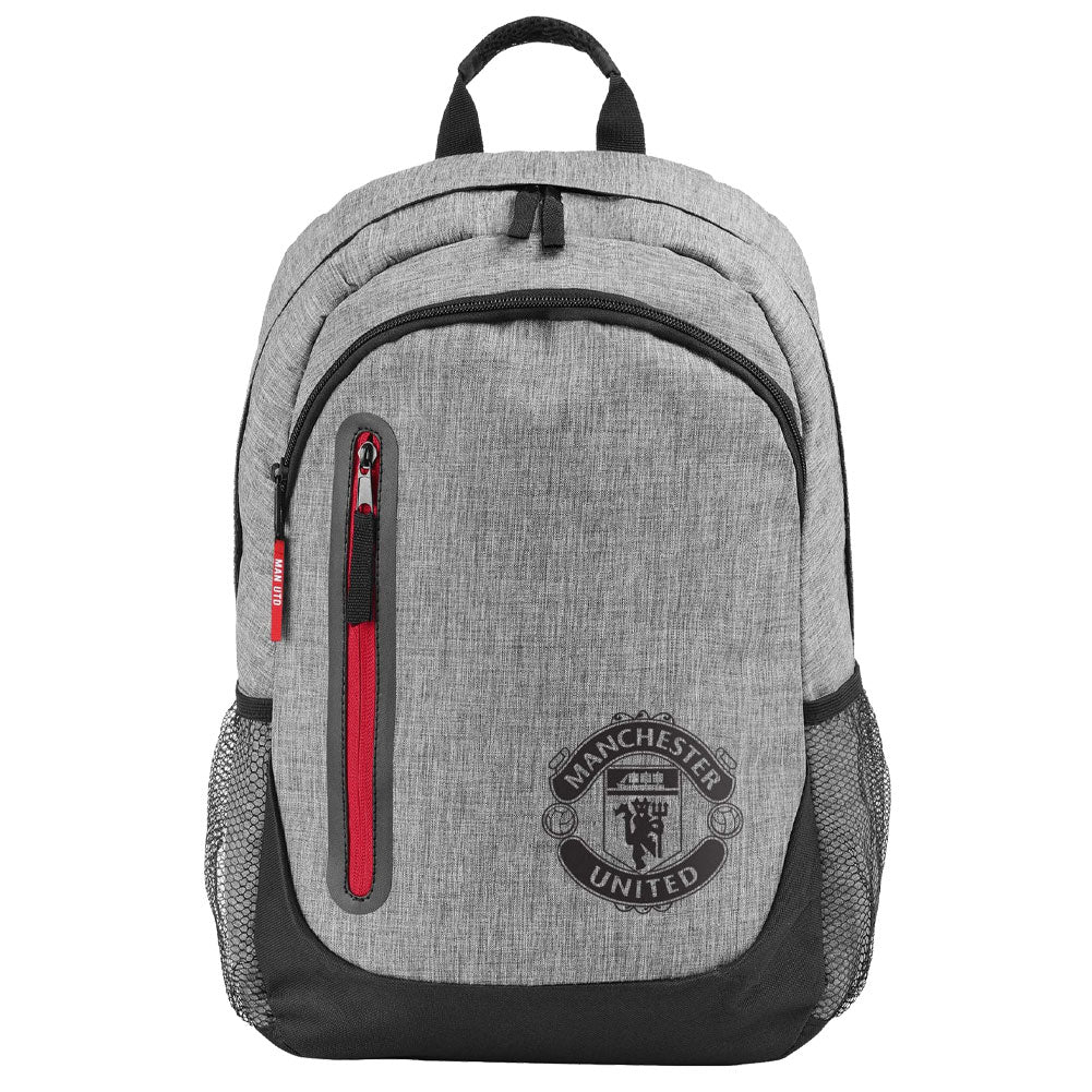 Gray backpack with Manchester United logo on a white background