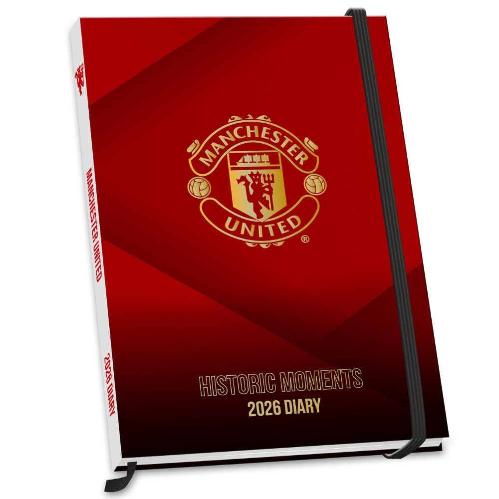 Manchester United 2026 diary with red cover and black strap on a white background