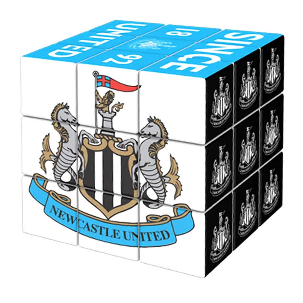 A 3x3x3 cube puzzle featuring Newcastle United football club graphics, with the club's crest on the front, blue and white top panels, and black side panels showing the club crest.