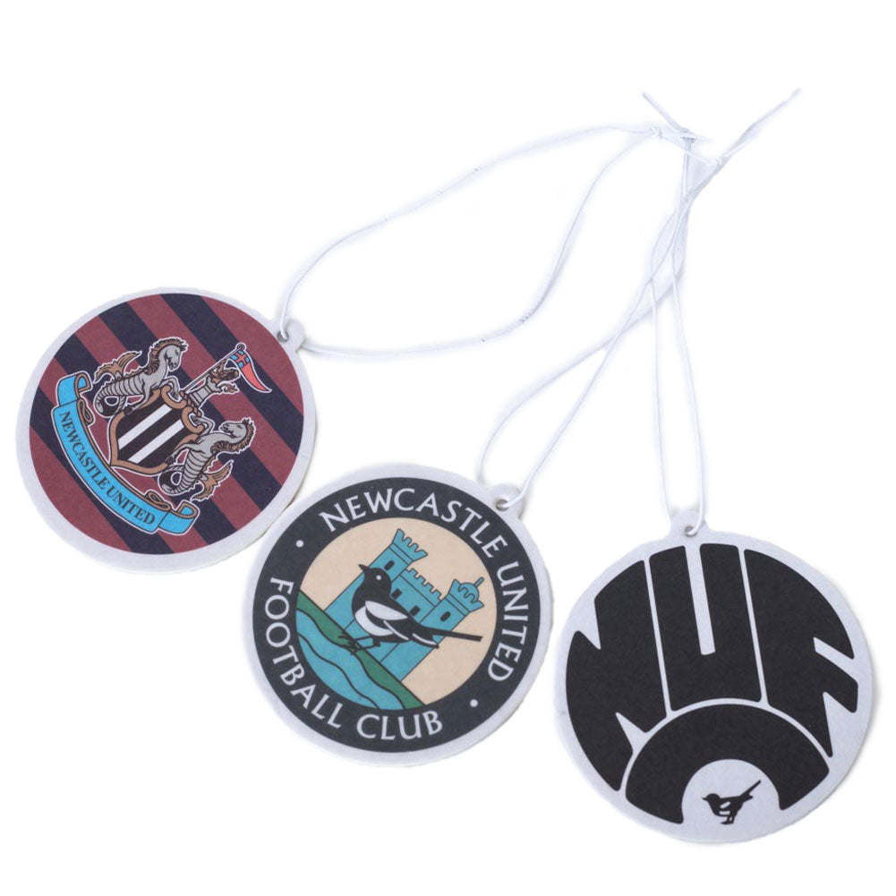 Three circular emblems with Newcastle United Football Club logos on a white background