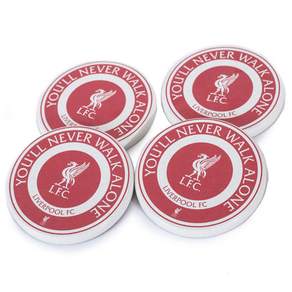 Four red and white coasters with Liverpool FC logo and 'You'll Never Walk Alone' text on a white background.
