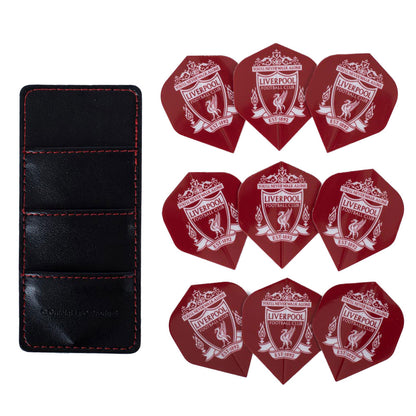 Red Liverpool branded dart flights with a black case on a white background