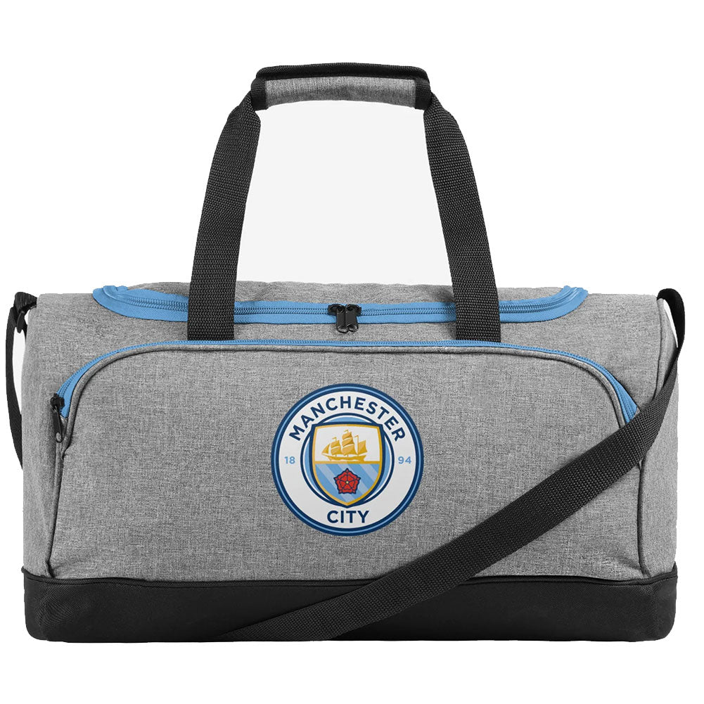 Gray duffel bag with Manchester City logo on a white background