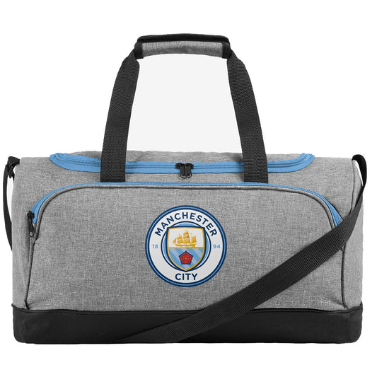 Gray duffel bag with Manchester City logo on a white background
