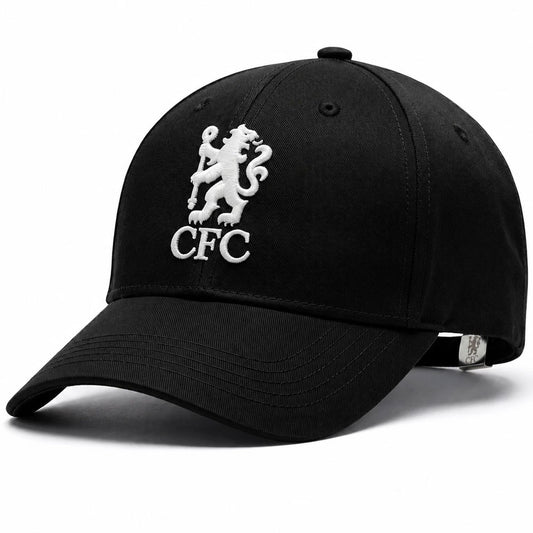 A black baseball cap featuring an embroidered white lion crest and the letters 'CFC' on the front, displayed on a clean white background.