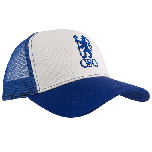 A blue and white Chelsea FC trucker hat featuring a white front panel with the blue embroidered club crest and 'CFC' text, a blue brim, and blue mesh back panels.