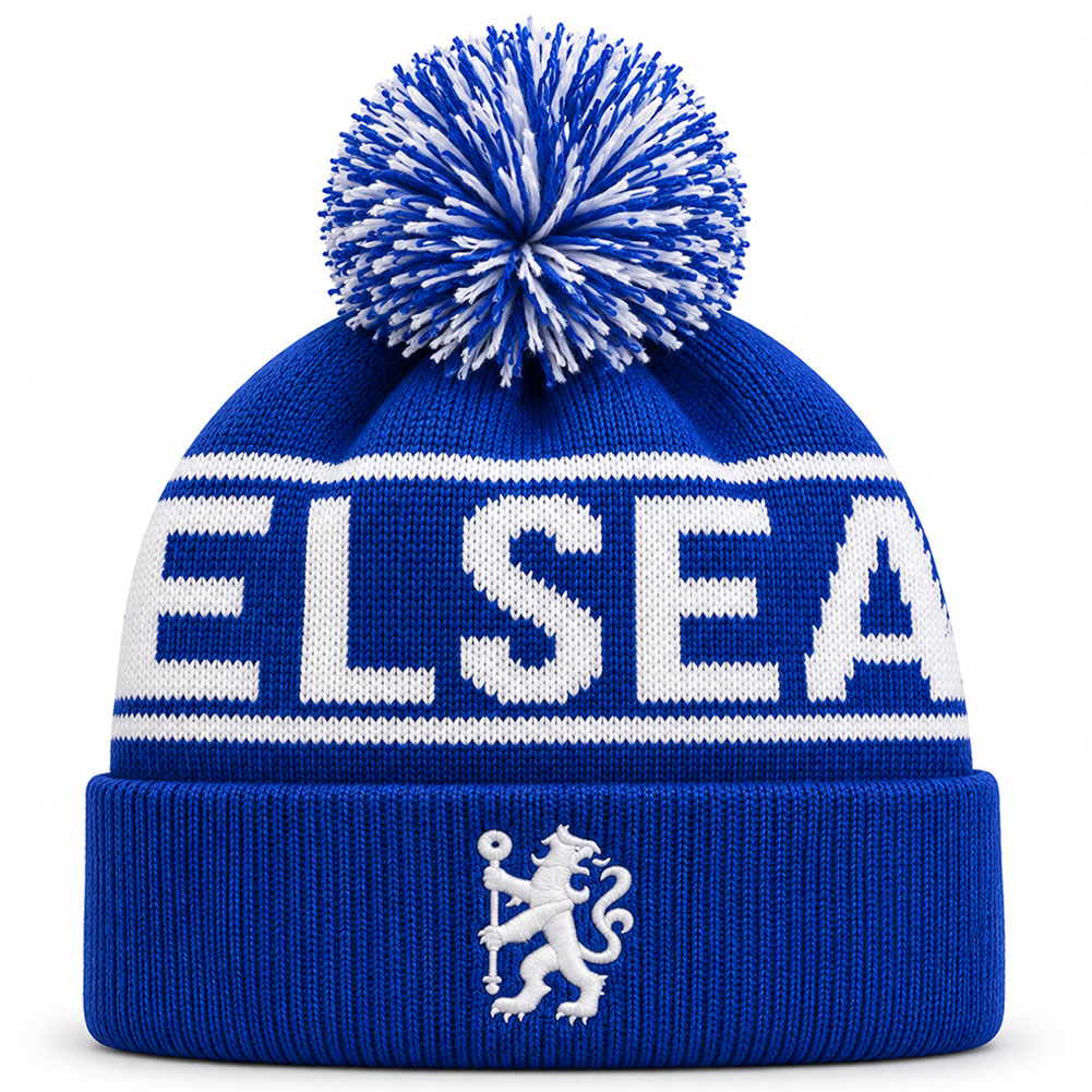 Official Chelsea FC royal blue bobble ski hat with embroidered Lion crest - Football Gifts Online