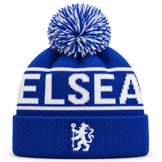 Official Chelsea FC royal blue bobble ski hat with embroidered Lion crest - Football Gifts Online