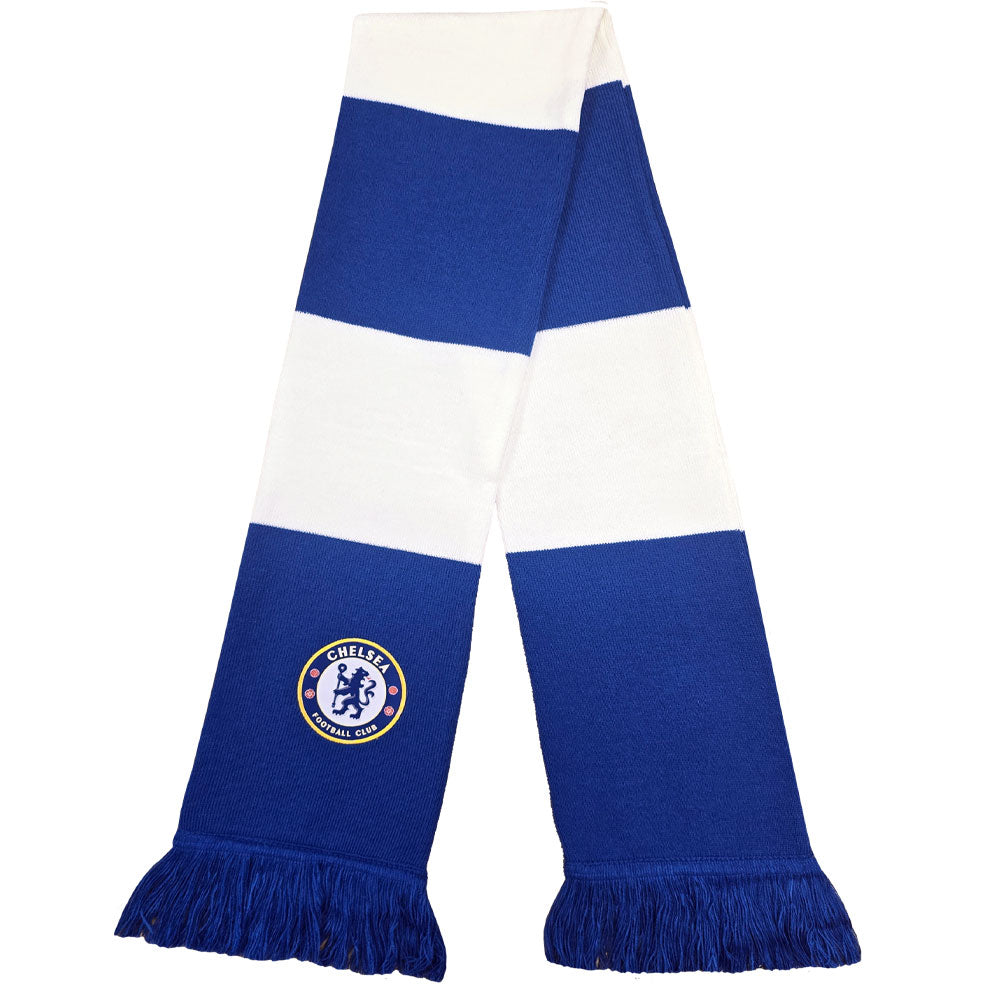 A blue and white Chelsea FC supporters scarf