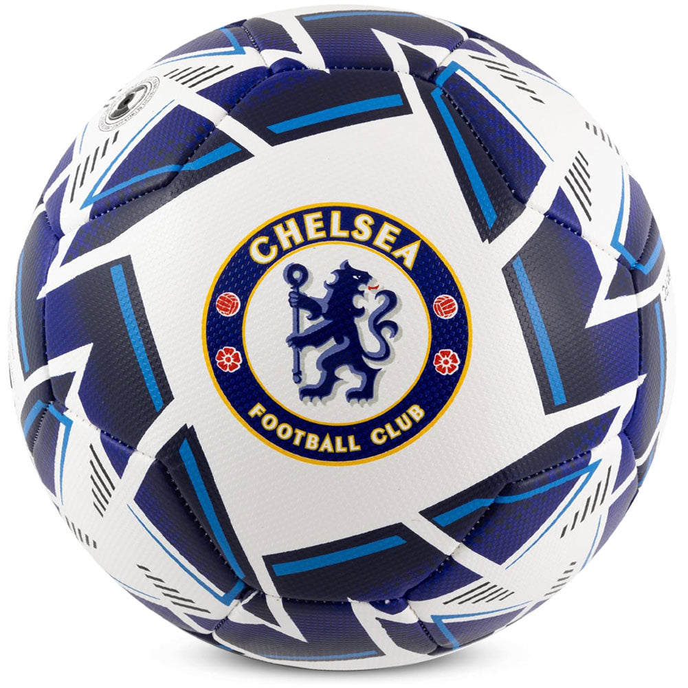 A Chelsea Football Club soccer ball with a white base, navy blue panels, and geometric blue line patterns. The official Chelsea FC crest is prominently displayed in the center.