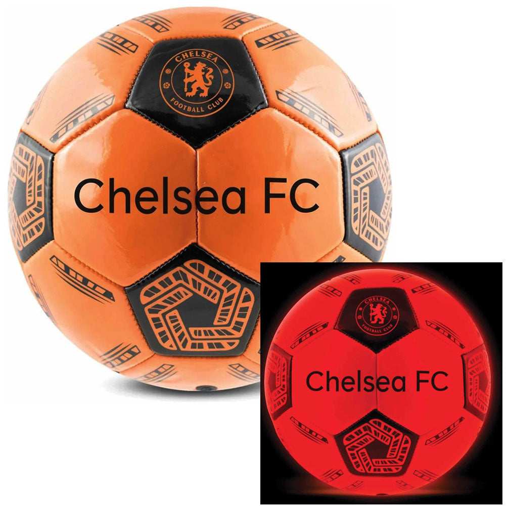 An orange and black Chelsea FC soccer ball shown on a white background, with a smaller inset image at the bottom right showing the ball glowing red in the dark. The Chelsea FC logo is visible on the ball.