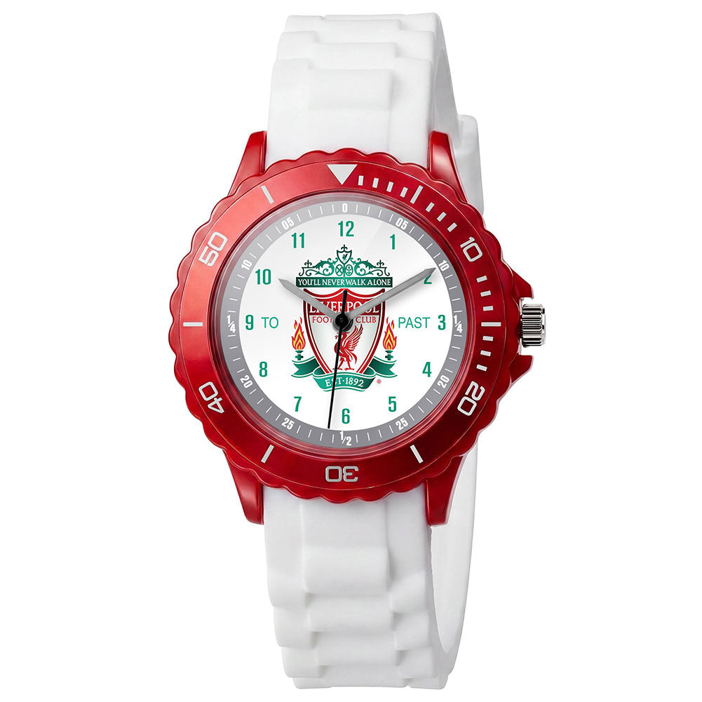 A children's wristwatch with a red screw-head bezel, white silicone strap, and a white dial featuring the Liverpool FC crest and team text.