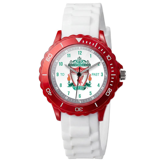 A children's wristwatch with a red screw-head bezel, white silicone strap, and a white dial featuring the Liverpool FC crest and team text.