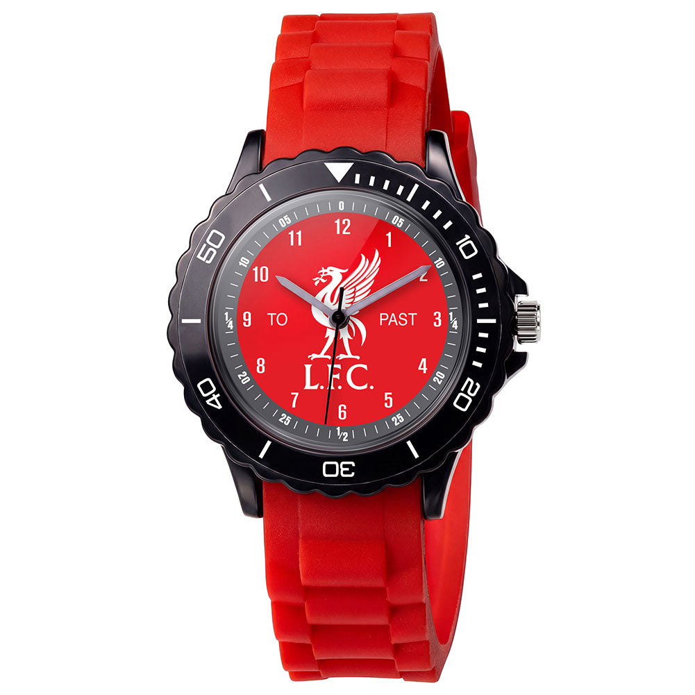 A red silicone strap watch with a black bezel and a red dial featuring the Liverpool FC logo and text.