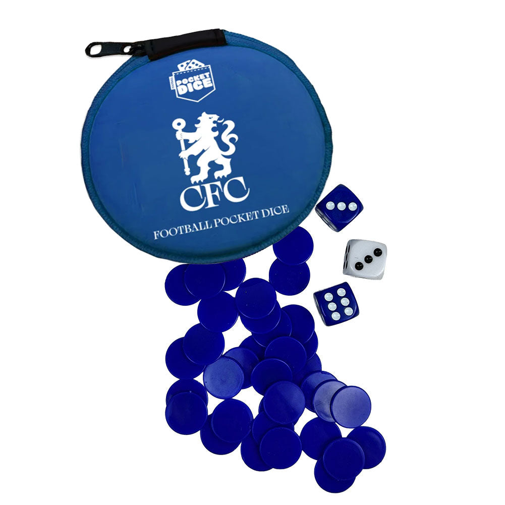 Blue CFC Football Pocket Dice set with a zippered carrying case, white and blue dice, and scattered round dice on a white background.