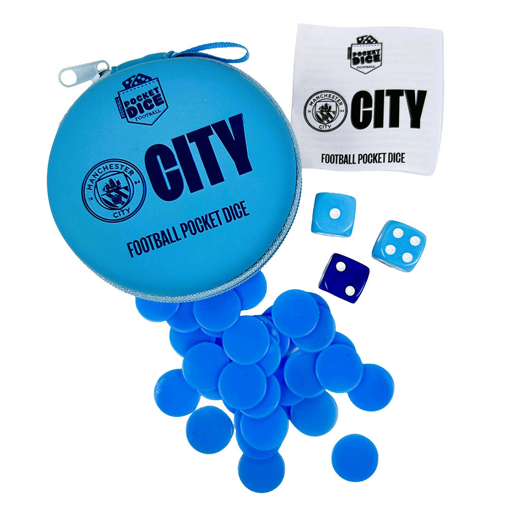 Manchester City branded football pocket dice set with blue dice and carrying case on a white background