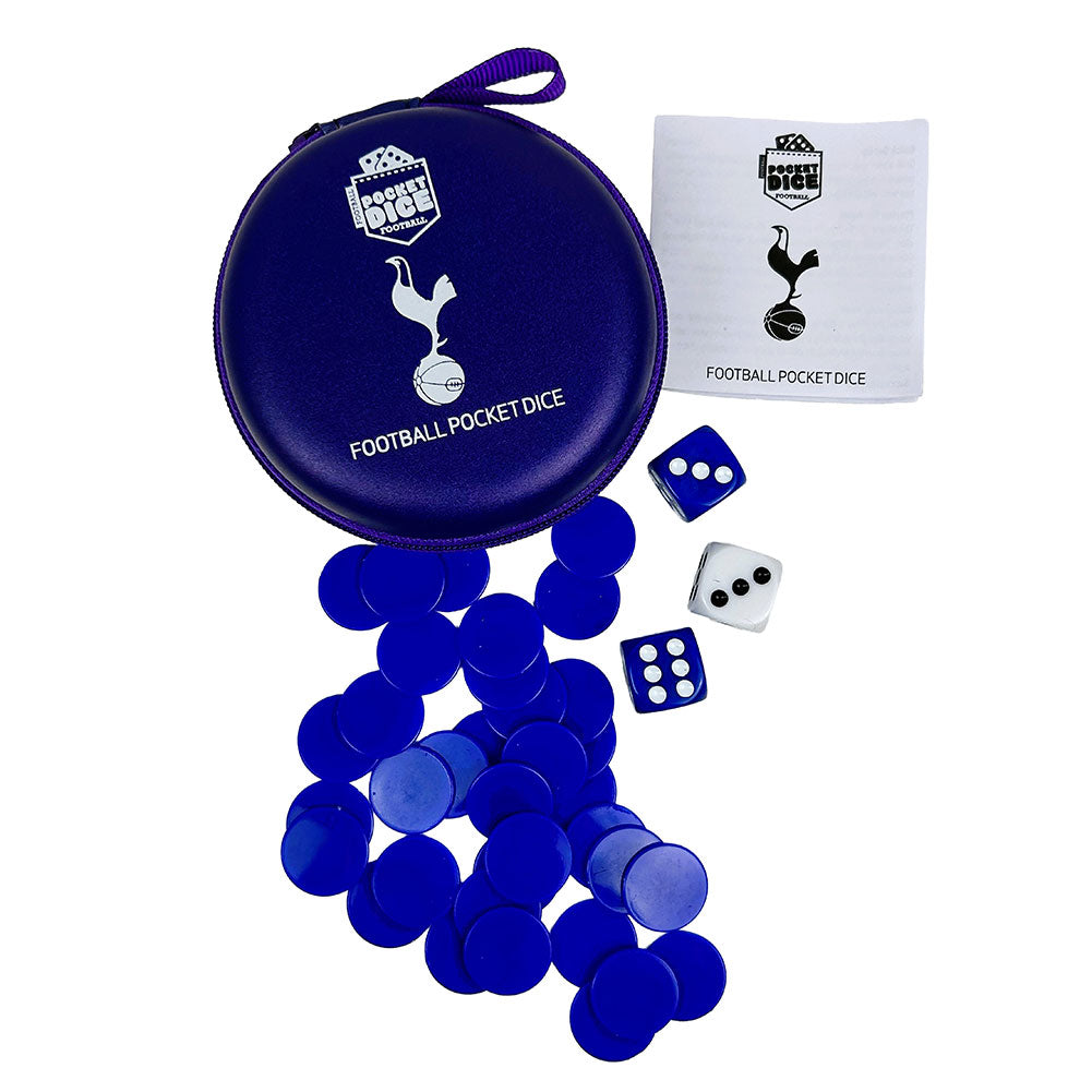 Tottenham Hotspur football pocket dice set with blue dice and carrying case on a white background