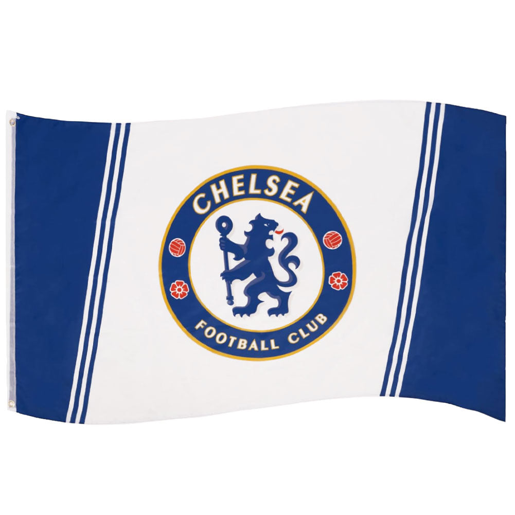 Chelsea Football Club flag featuring the club's crest in the center, flanked by blue and white vertical stripes, shown against a plain white background.