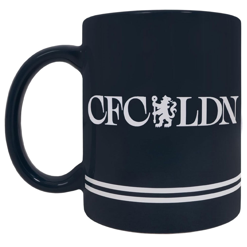 A glossy black ceramic mug featuring the white text 'CFC LDN' with a lion emblem, and two horizontal white stripes near the bottom, shown on a plain white background.