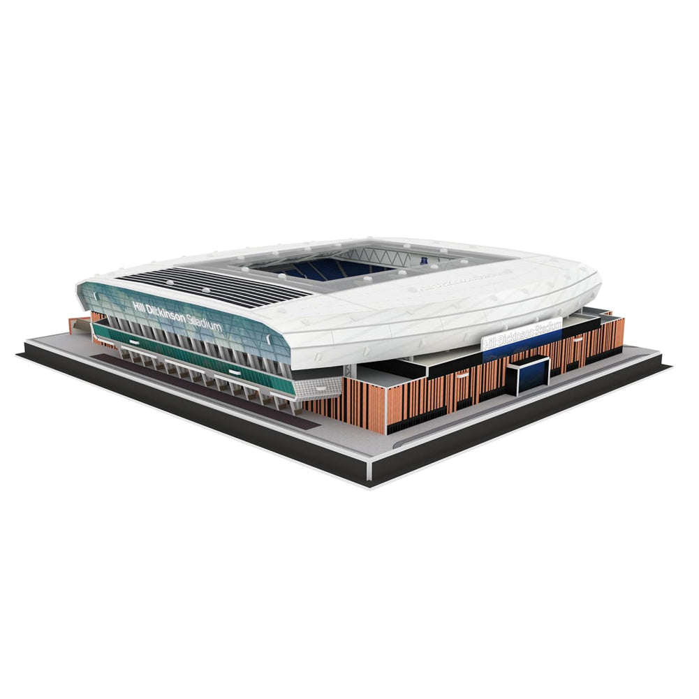 A 3D puzzle model of the London Stadium, showcasing its white roof, teal and blue interior, and orange-brown wooden facade details, set on a black and gray display base against a plain white background.
