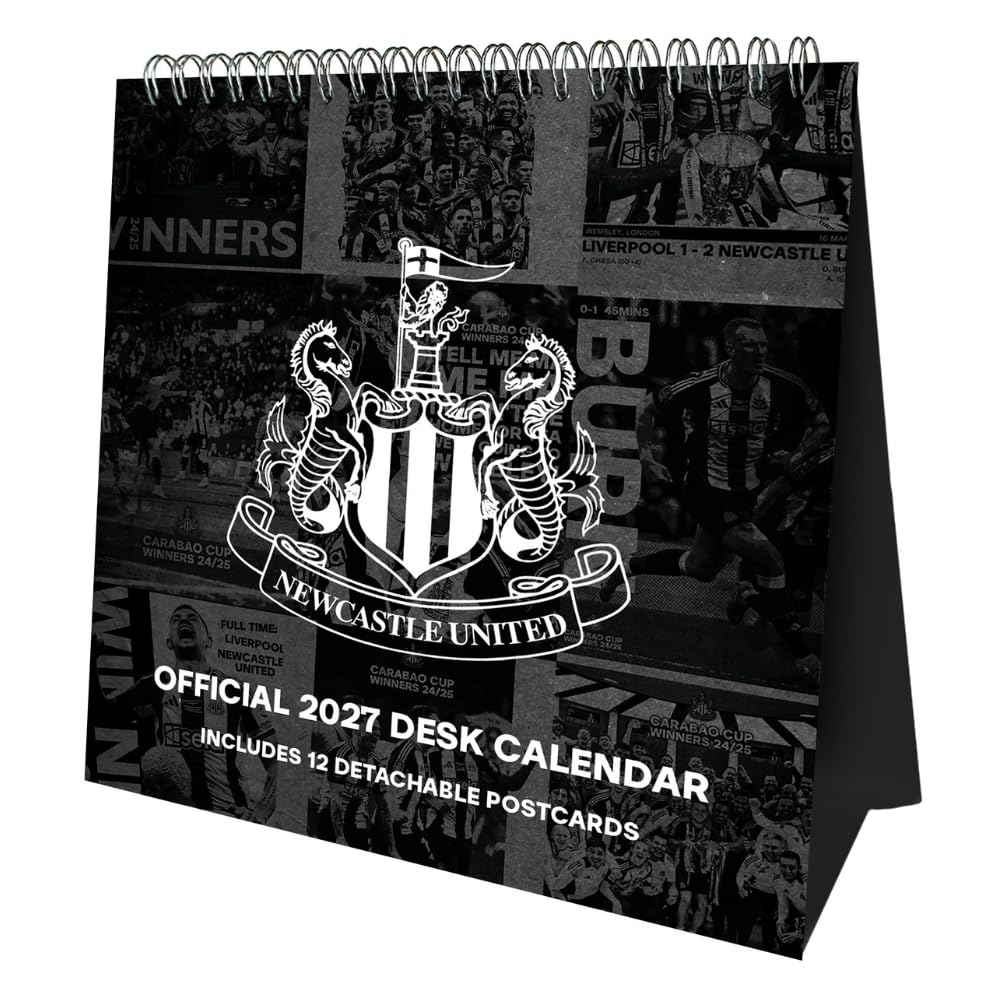 A black-and-white Newcastle United official 2027 desk calendar shown standing upright on a white background. The front cover features the Newcastle United crest over a collage of match imagery, with text reading 'OFFICIAL 2027 DESK CALENDAR' and 'INCLUDES 12 DETACHABLE POSTCARDS'.