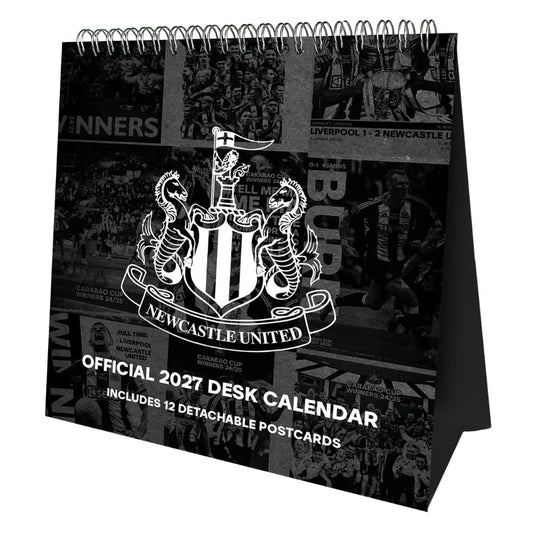 A black-and-white Newcastle United official 2027 desk calendar shown standing upright on a white background. The front cover features the Newcastle United crest over a collage of match imagery, with text reading 'OFFICIAL 2027 DESK CALENDAR' and 'INCLUDES 12 DETACHABLE POSTCARDS'.