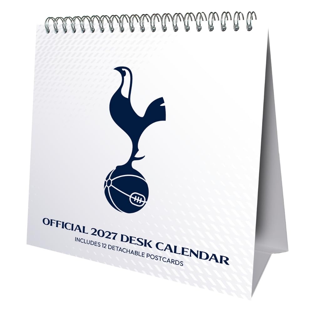 Official 2027 desk calendar featuring the Tottenham Hotspur logo on a white spiral-bound cover, with text reading 'OFFICIAL 2027 DESK CALENDAR' and 'INCLUDES 12 DETACHABLE POSTCARDS'.