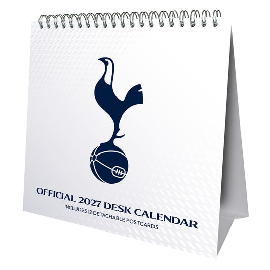 Official 2027 desk calendar featuring the Tottenham Hotspur logo on a white spiral-bound cover, with text reading 'OFFICIAL 2027 DESK CALENDAR' and 'INCLUDES 12 DETACHABLE POSTCARDS'.