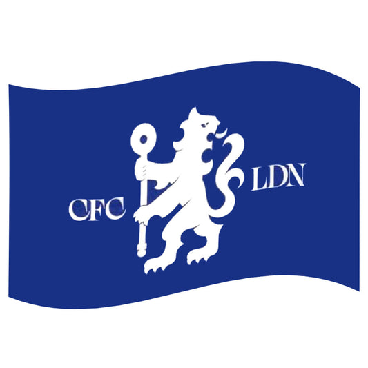 A blue flag with a white lion rampant and the text 'CFC' and 'LDN', shown waving on a plain white background.