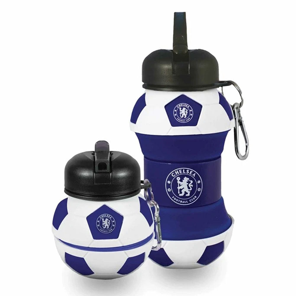 Chelsea Football Club themed water bottles shaped like soccer balls, with black lid and silver carabiner, on a white background.