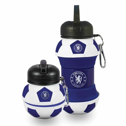 Chelsea Football Club themed water bottles shaped like soccer balls, with black lid and silver carabiner, on a white background.