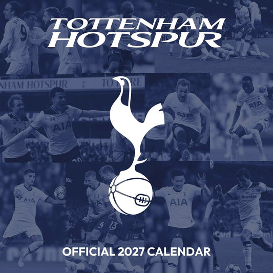Official 2027 Tottenham Hotspur calendar cover featuring a collage of football player photos in a blue tint with the Tottenham Hotspur club name at the top and the white cocker logo centered over a football graphic.