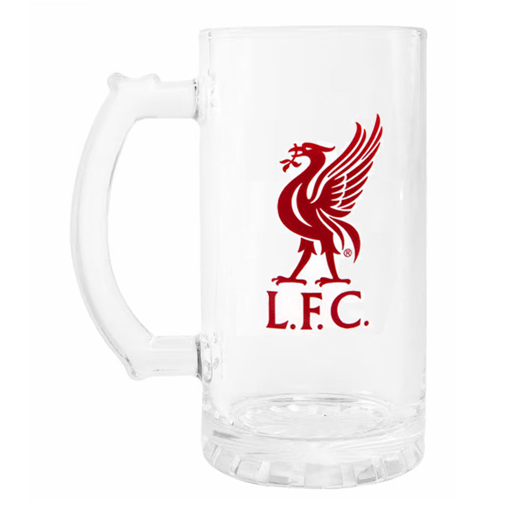 A clear glass beer stein mug with a red printed Liverpool F.C.