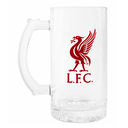 A clear glass beer stein mug with a red printed Liverpool F.C.