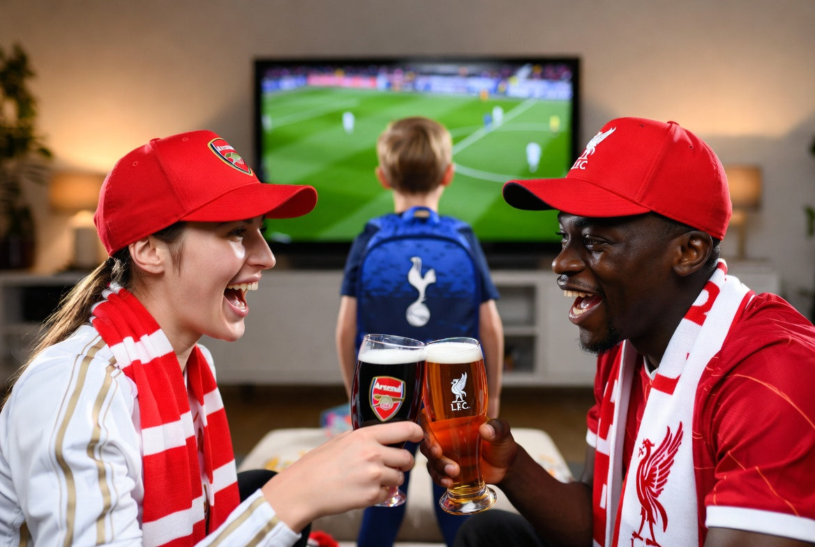Arsenal and Liverpool fans in club caps and scarves clinking club pint glasses while watching a match at home