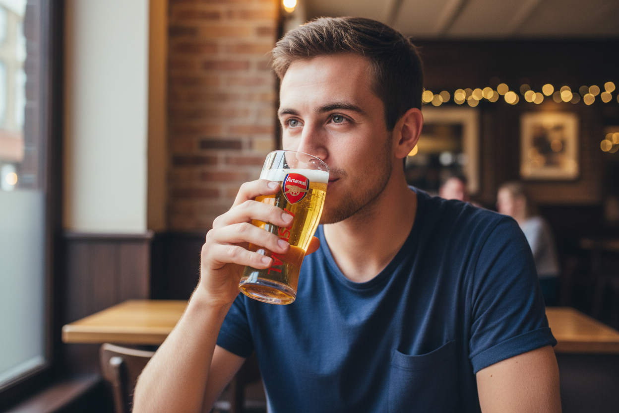 Young man drinking from Arsenal Tulip Pint Glass